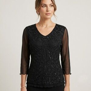 Laura Petites Beaded Sequin‎ Mesh Top Womens XL Black Evening Formal Blouse Goth
